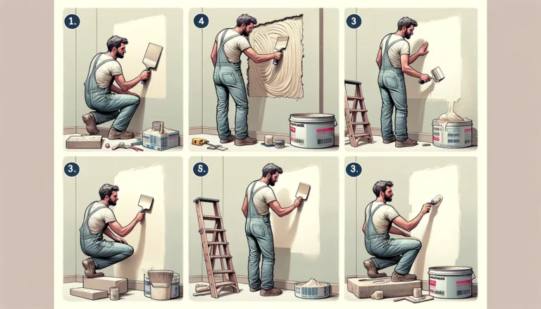 A step-by-step guide to wall repair, featuring a man in overalls applying joint compound, smoothing the surface, and finishing the repair process.