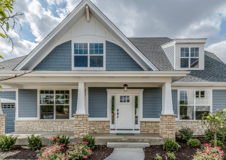 Beautiful home exterior with blue and white paint color, featuring stone accents and a well-maintained garden.